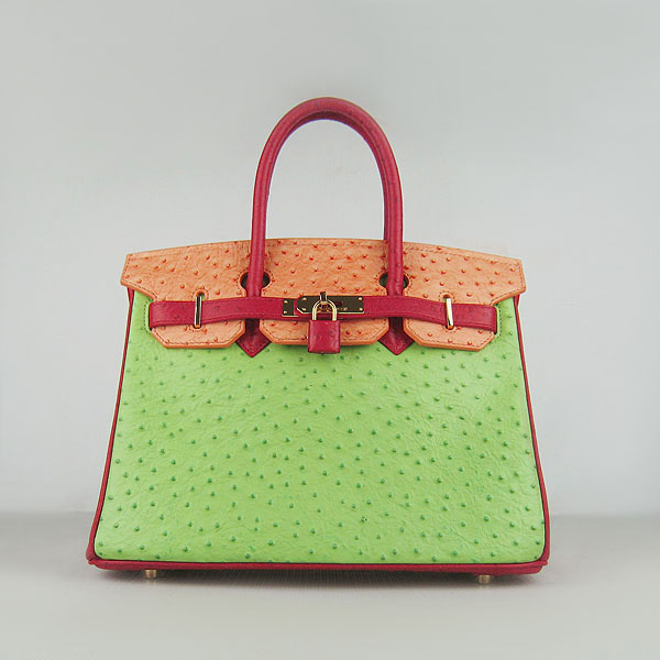 Replica Hermes Birkin 30CM Ostrich Veins Leather Bag Red/Orange/Green 6088 On Sale